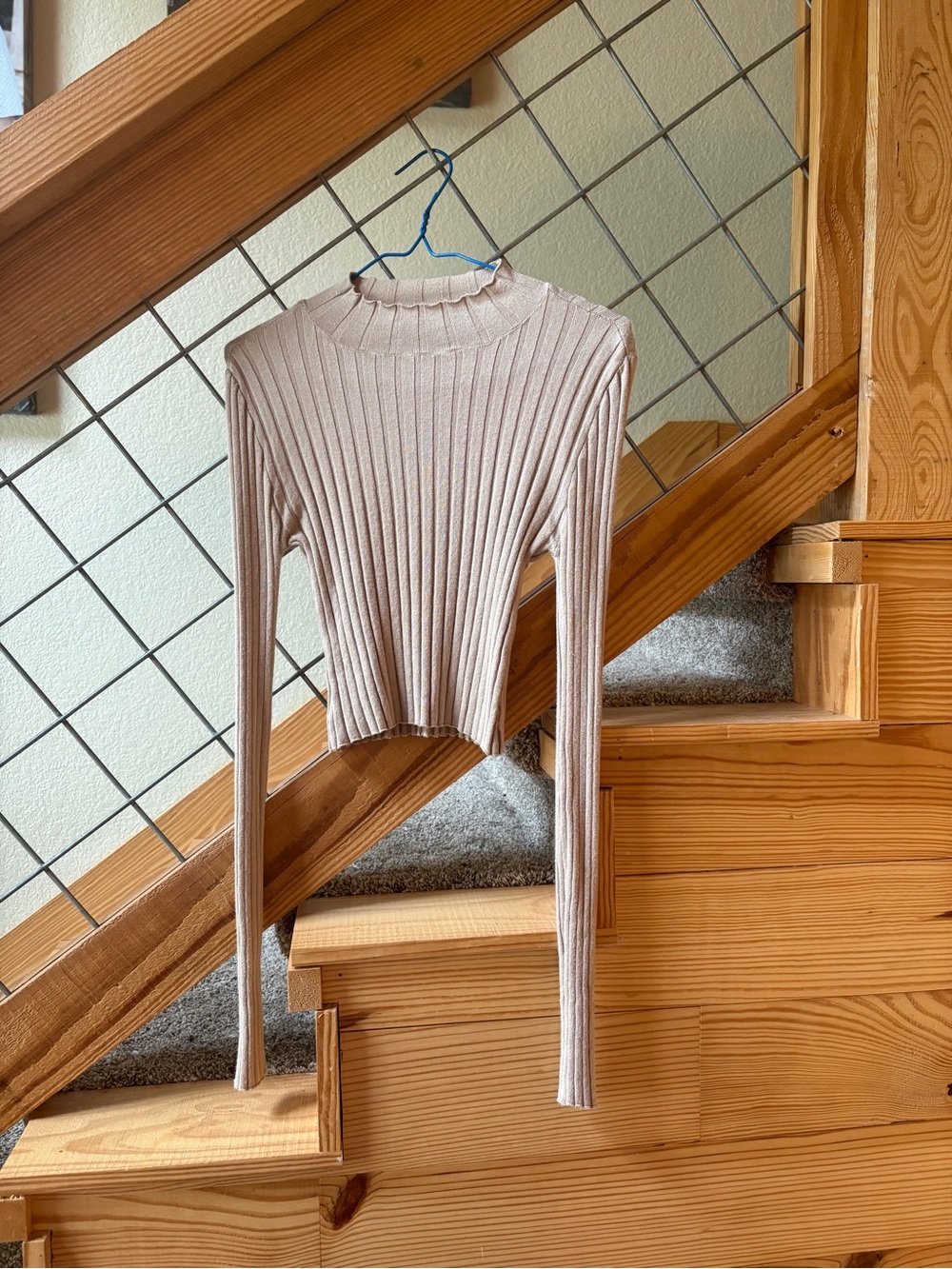 Double Zero Ribbed Mock Neck Long Sleeve Top - Beige